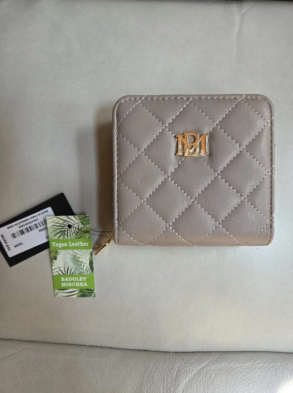 NWT Badgley Mischka Quilted Vegan Leather Zip Wallet - Taupe